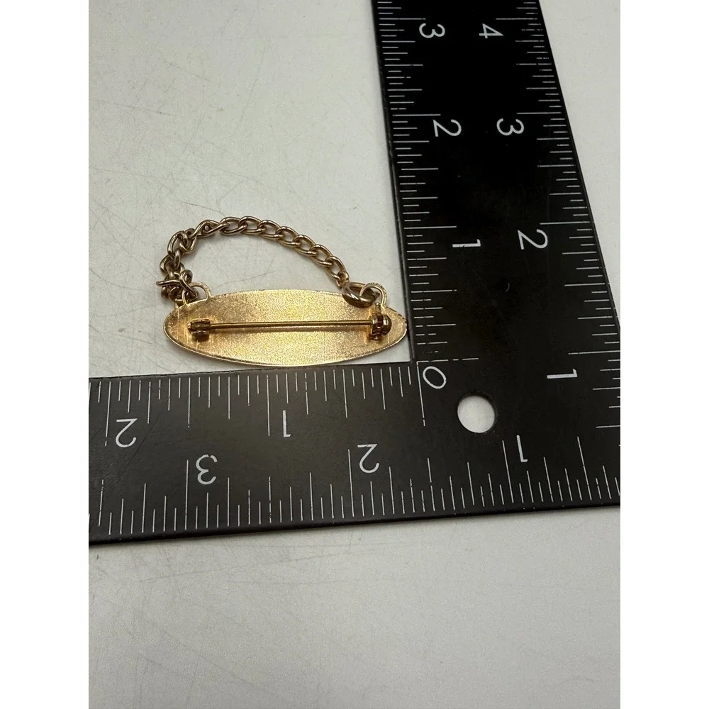 Vintage Gold Tone HIS Engraved Oval Brooch Pin with Curb Link Safety Chain